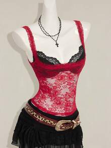 SHEIN ICON Women's Red Lace Semi-Sheer Camisole, Paired With Black Lace Spaghetti Strap Top, 2 Pieces Set,Sexy Tops - Red and Black - View 7