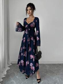 Selianne 女士时尚优雅玫瑰印花甜心领扭结前襟不对称荷叶边下摆弹力网纱喇叭袖度假连衣裙 - 彩色 - 查看 3