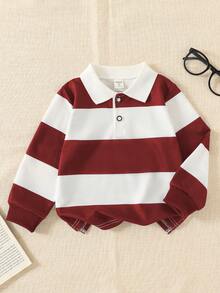 SHEIN Explorewe 年轻男孩条纹撞色领针织休闲宽松复古美式长袖 Polo 衫，适合上学和日常穿着