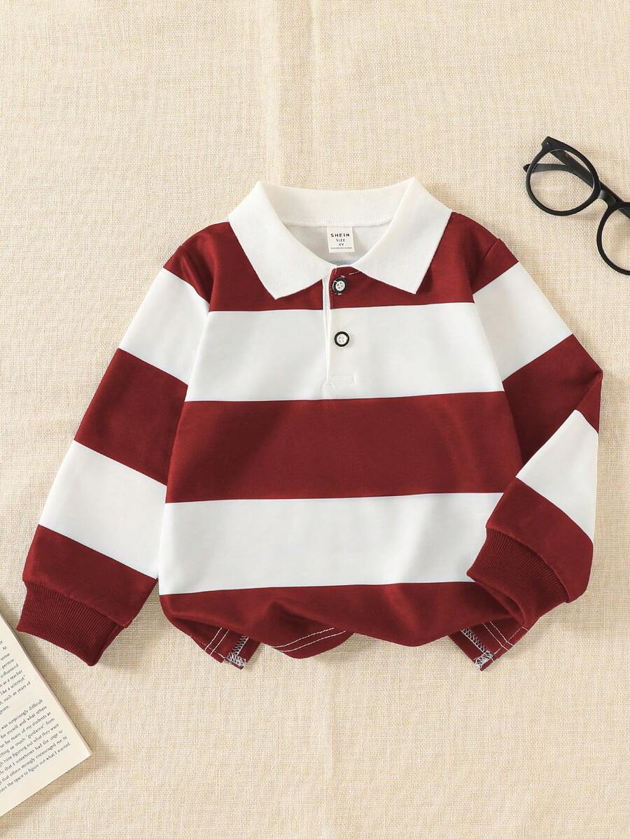 SHEIN Explorewe 年轻男孩条纹撞色领针织休闲宽松复古美式长袖 Polo 衫，适合上学和日常穿着