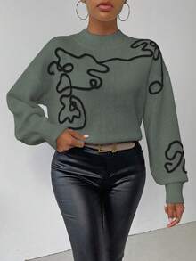 SHEIN LUNE Women's Applique Color Block Stand Collar Elegant Long Sleeve Pullover Sweater - Olive Green - View 3