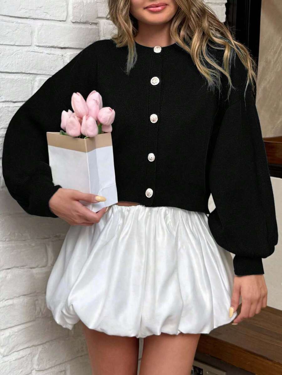 EURMUSE Classic Front Button Round Neck Casual Versatile Long Sleeve Cardigan - Black - View 1