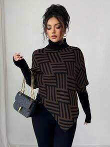 Elenzga Women's Elegant High Neck Geometric Textured Poncho Sweater, Colorblock, Suitable For Home & Travel, Spring/Autumn - Chocolate Brown - View 6