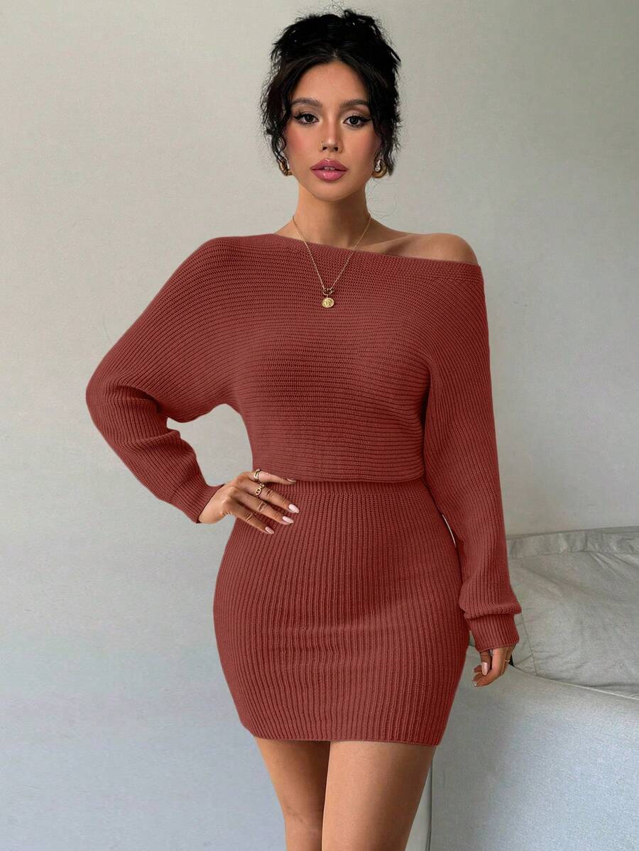 Elenzga Autumn/Winter New Solid Color Cinched Waist Bodycon Knit Dress - Redwood - View 1