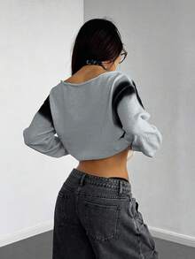 StreetHx New Contrast Color Graffiti Oblique Shoulder Casual Loose Sweater - Grey - View 2