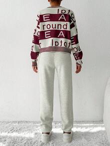 EURMUSE Women Letter & Stripe Pattern Round Neck Long Sleeve Top And Solid Color Pants Sweater Set - Multicolor - View 2