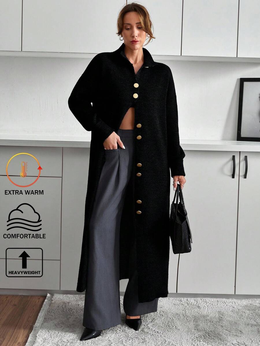 EURMUSE Women Sweater Cardigan Grey With Button Long And Special Yarn - Black - View 1