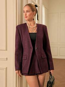 Aveloria Rosie 秋冬酒红色复古美式时尚设计无领收腰宽肩廓形西装外套和高腰迷你裙两件套 - 彩色 - 查看 1