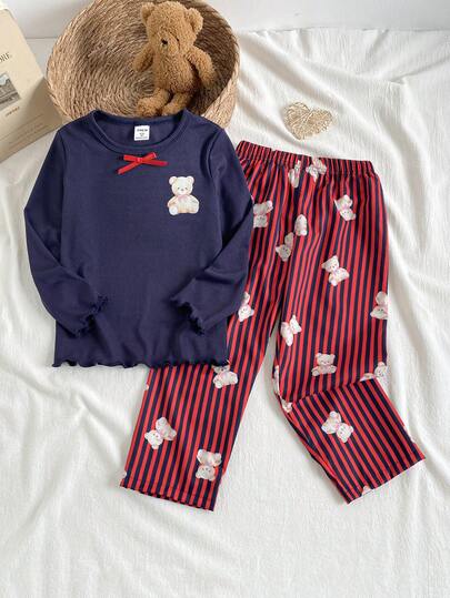 少女海军蓝小熊印花蝴蝶结装饰长袖上衣和罗纹裤睡衣套装