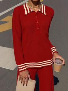 Franclia Women's Autumn And Winter Sweater, Christmas Red Business Casual Women's Polo Collar Button Long-Sleeved Pullover Top, Fitted Top Paired With Straight Loose Ribbed Trousers, Soft Knit Two-Piece Set For Commuting, Women's New Year's Clothing, Women's Winter Suit. - Red - View 3