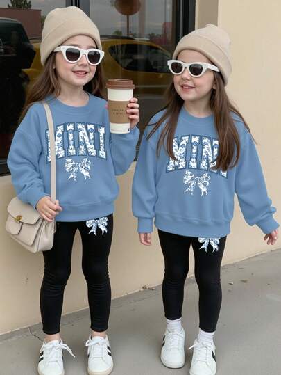 SHEIN 2 件套女童花卉蝴蝶结樱花图案圆领运动衫和运动裤套装，秋冬