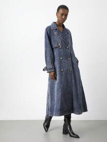 Maija Women's Retro Denim Trench Coat Autumn And Winter Temperament Long Coat French Elegant Belt Long Sleeve Denim Jacket Long Party Dresses - Medium Wash - View 6