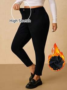 SHEIN PETITE CURVE 大码秋季冬季万圣节圣诞节新年感恩节通勤度假Y2K可爱街头风科技生日机场派对婚礼优雅商务休闲女装老少咸宜工作女装高腰紧身休闲百搭七分牛仔裤黑色牛仔裤大码女装高腰黑色保暖内衬弹力修身牛仔裤 - 黑色 - 查看 1