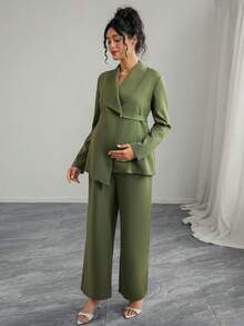 Momance 女士优雅领口 V 领长袖独特腰带夹克和直筒阔腿裤孕妇装两件套 - 綠色 - 查看 4