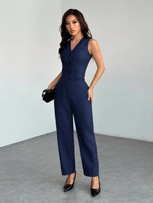 SHEIN PETITE 休闲无袖开衫背心和裤子两件套女士办公室服装秋冬商务女性服装