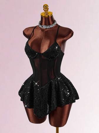 Amplova 女式时尚性感亮片拼接露背吊带迷你连衣裙