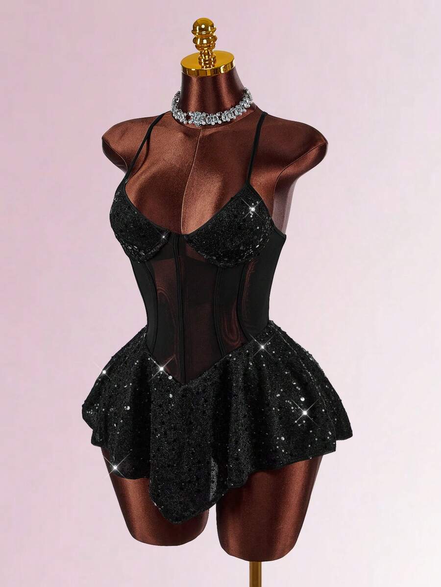 Amplova 女式时尚性感亮片拼接露背吊带迷你连衣裙 - 黑色 - 查看 1