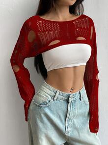 SHEIN Unity 女式纯色不对称领口做旧长袖套头毛衣 - 紅色 - 查看 5