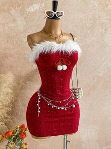 Soleia 女士性感优雅节日连衣裙，闪光条纹纹理针织面料，毛茸茸的拼接，露肩胸部镂空褶饰，雪花毛绒球装饰，紧身迷你连衣裙，适合派对、晚会、性感约会、海滩度假、假日、下午茶、海滩、游轮、城市旅行、波西米亚风度假、音乐节，可内外穿着 - 酒紅色 - 查看 7