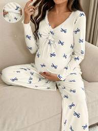SHEIN 2pcs Maternity Bow Print Long Sleeve Top And Pants Set Pj Sets For Women Pajama Sets For Women