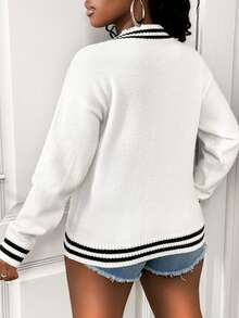 BamGleam 女毛衣开衫针织长袖V领白色纽扣黑条纹口袋黑白宽松度假旅行休闲聚会女装春秋夏冬秋季 - 黑與白 - 查看 2