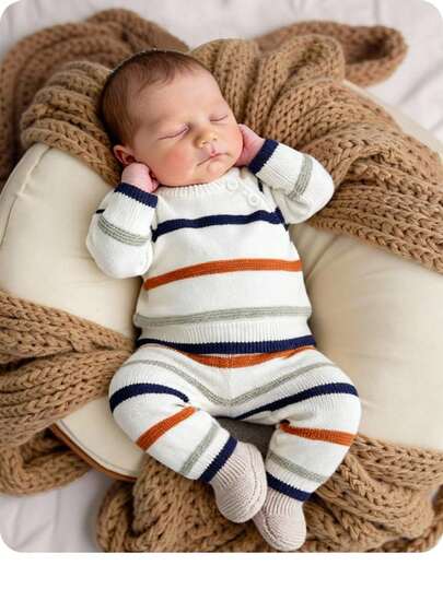 SHEIN Randig raglantröja med långa ärmar för nyfödd baby och stickade byxor, avslappnad outfit, höst/vinter