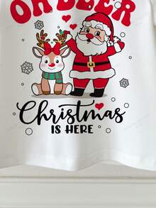SHEIN 圣诞快乐可爱搞笑卡通圣诞老人和驯鹿图案“Oh Deer”节日年轻女孩休闲简约圆领短袖T恤，适合夏季 - 彩色 - 查看 6