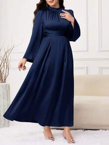 Modelyn Plus Size Elegant Solid Color Bell Sleeve Dress, Suitable For Party - Navy Blue - View 6