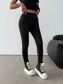 SHEIN Teen Girls' Casual Sports Style Letter Print High Waist Thermal Lined Warm Leggings, Autumn/Winter - Black - View 4