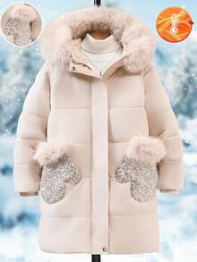 SHEIN 1pc Girls' Pink Hooded Padded Coat With Pockets And Sequin Design, Mid-Length, Suitable For Autumn/Winter - Apricot - View 6