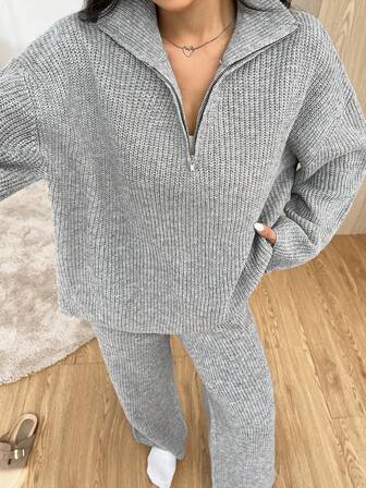 CovetEZ 女士纯色拉链半襟落肩长袖毛衣和针织裤休闲套装，秋冬