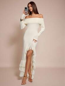 SHEIN BAE 1 件女士露肩流苏针织紧身连衣裙，优雅 - 米色 - 查看 6