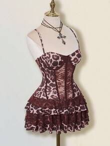 SHEIN ICON Women Brown Leopard Print Bustier Crop Top & Layered Lace Ruffle Mini Dress,Elegant Dresses For Party
