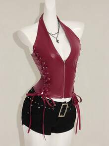 SHEIN ICON 红色 Y2K V 领 PU 皮革外出演唱会女式演唱会黑色哥特性感索环纯色时尚侧交叉带露背背心，夏季 - 酒紅色 - 查看 7