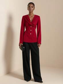SHEIN Veneréa Women's Elegant Metal Buckle V-Neck Shoulder Ruched Chest Crossed Ruched Waist Commuting Shirt - Red - View 5