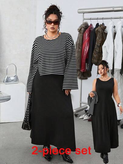 SHEIN EZwear 大码秋季套头连衣裙两件套