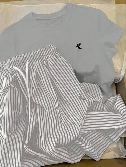 INAWLY 圆领刺绣短袖上衣+条纹印花裤套装，欧美风