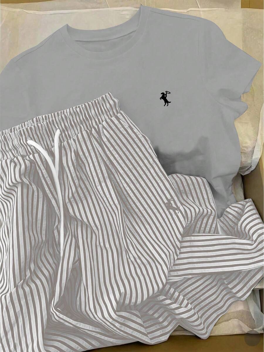 INAWLY 圆领刺绣短袖上衣+条纹印花裤套装，欧美风 - 灰色 - 查看 1