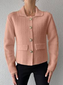 SHEIN Cottnline Women's Solid Color Front Button Faux Pocket Casual Blouse - Coral Pink - View 6