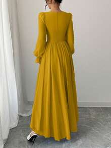 Modelyn 女式法式高端甜心领荷叶边袖系腰长裙，春秋 - 黃色 - 查看 2