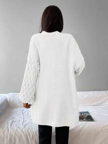 EURMUSE Dual Pocket Drop Shoulder Open Front Cardigan - White - View 2