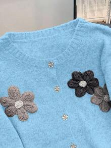 Franclia 全新秋冬优雅手工花卉图案柔软舒适开衫，适合娇小女性 - 水鴨藍 - 查看 6