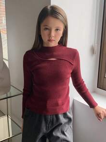 Hapijoa 女童镂空圆领毛衣 - 紅色 - 查看 5
