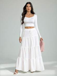 SHEIN Tall Women's Casual Vacation Multi-Layer Cake Skirt, Versatile Casual Elegant For Everyday, Holidays, And Dates Vacation Modest White Skirt - White - View 7
