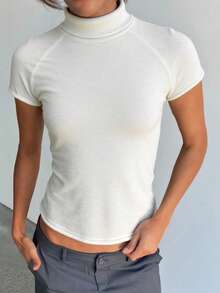 Aloruh 女士秋冬短袖高领修身薄款抓绒针织毛衣 - 白色 - 查看 4