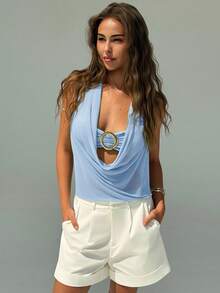 Aloruh 全新性感半透明低胸露背上衣，金属装饰 - 藍色 - 查看 3