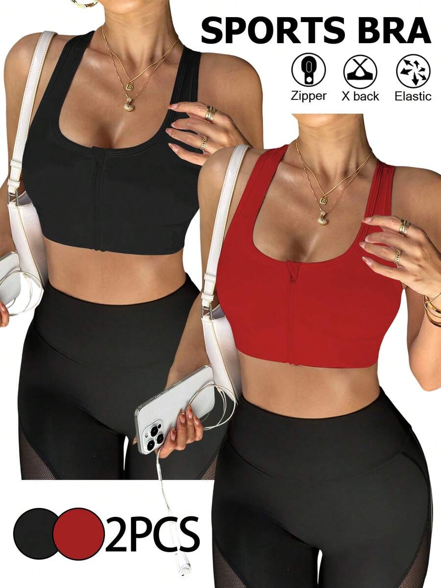 SHEIN Sports 2 件套女士运动胸罩套装,前拉链开合,支撑背部镂空设计,适合日常休闲穿着、跑步、瑜伽、健身、网球、高尔夫、春夏季 - 彩色 - 查看 1