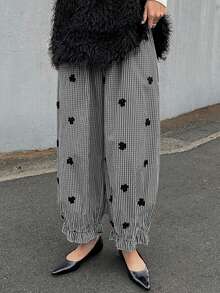 FRIFUL 女式休闲格子花卉刺绣灯笼裤 - 黑色 - 查看 1