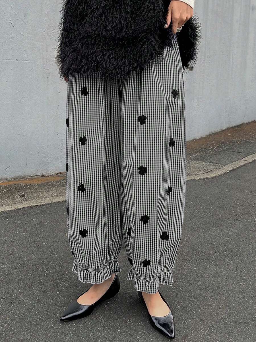 FRIFUL 女式休闲格子花卉刺绣灯笼裤 - 黑色 - 查看 1