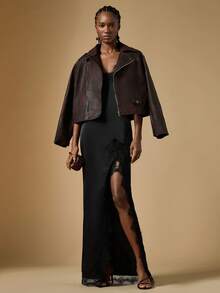 Briarwyn 女式露肩细肩带黑色蕾丝拼接高开衩下摆连衣裙 - 黑色 - 查看 3